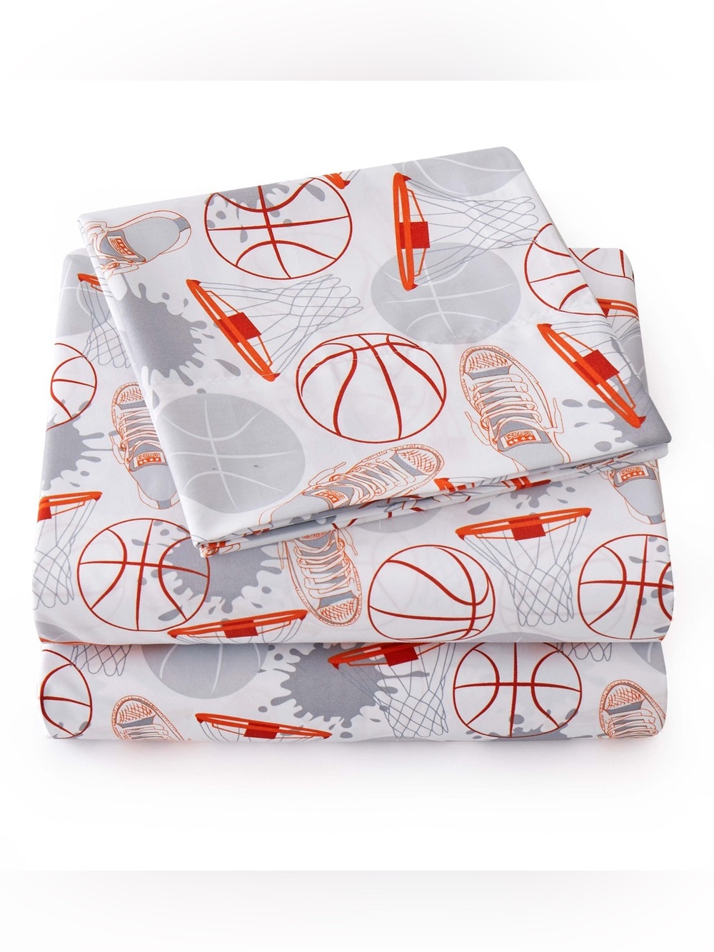 Kids Basketball Print Sheet Set in Orange and Gray - Sports Bedding